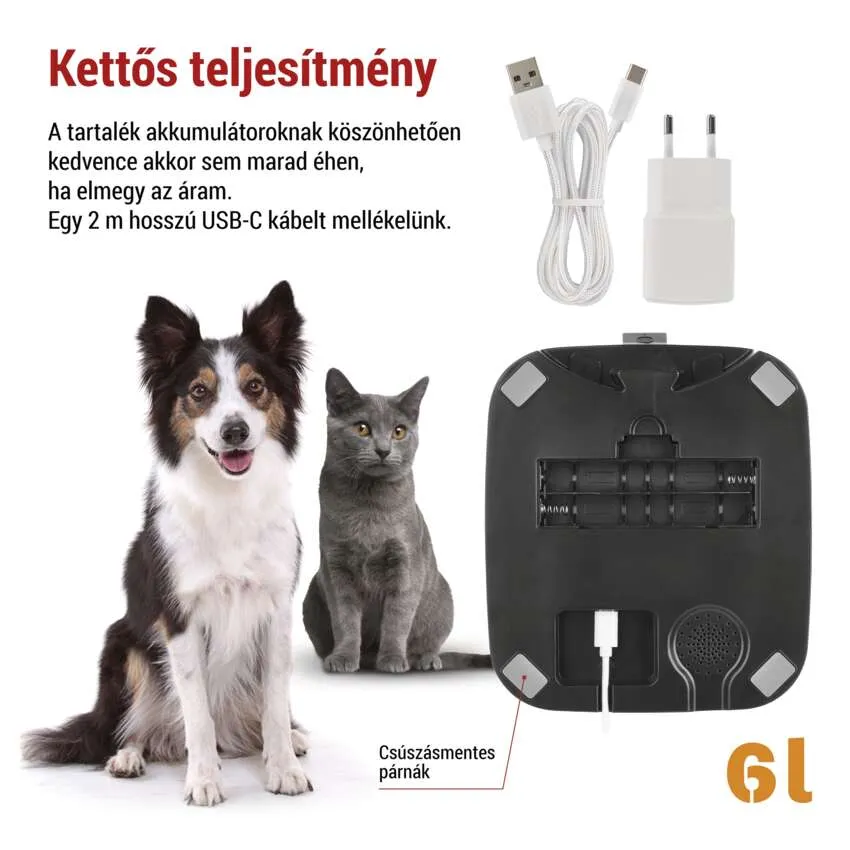 Egy kutya és egy macska, töltőkábellel és töltővel. Egy adagoló alja.