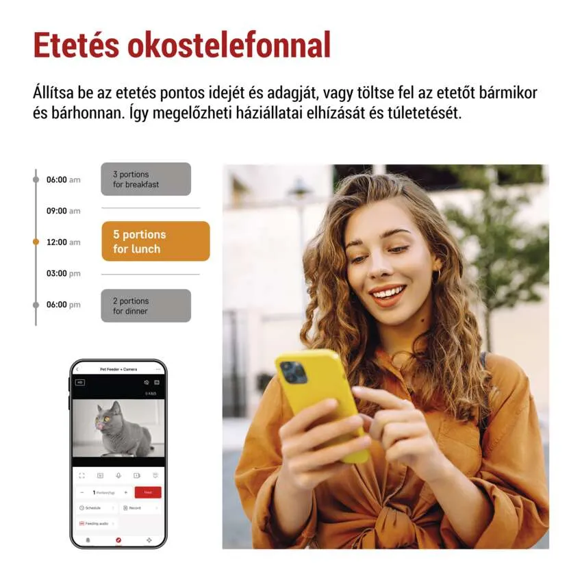 Egy nő telefont használ egy kisállat-etető alkalmazással, a képernyőn egy macskával.