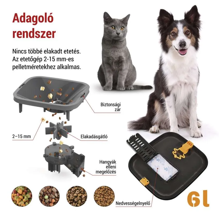 Egy kisállat-etető robbantott ábrája egy macskával és egy kutyával.