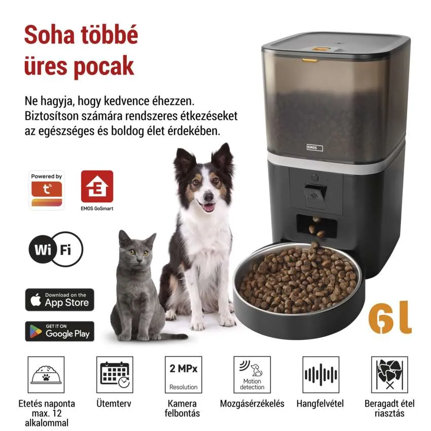 Állateledel adagoló, macska, kutya, wifi és alkalmazás ikonok.