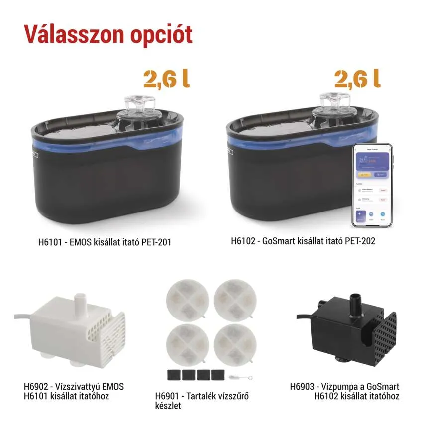 Két kisállat-vízforrás és tartozékok. Okostelefonon az alkalmazás.