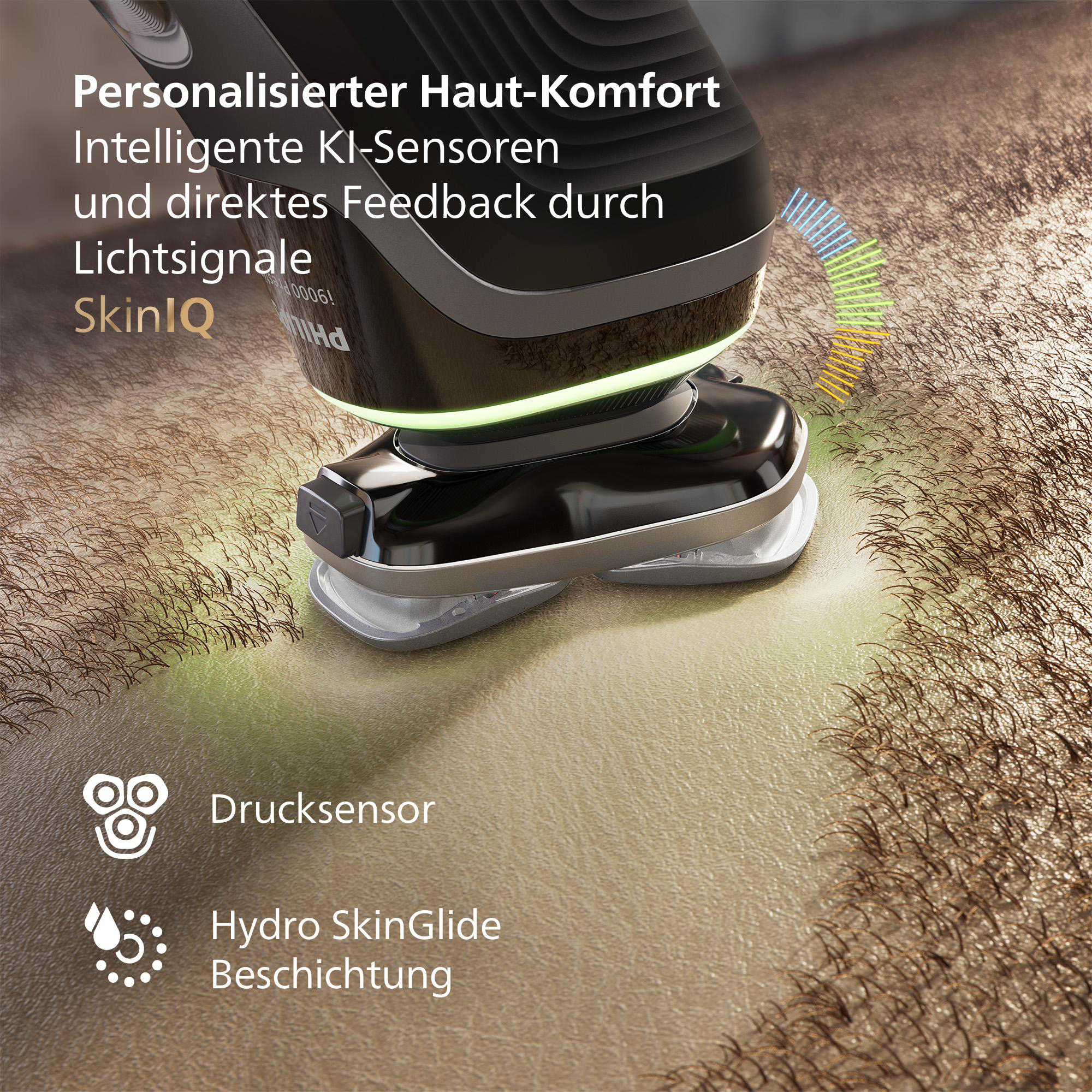 Ein schwarzer Philips Rasierer rasiert die braune Haut eines Mannes.