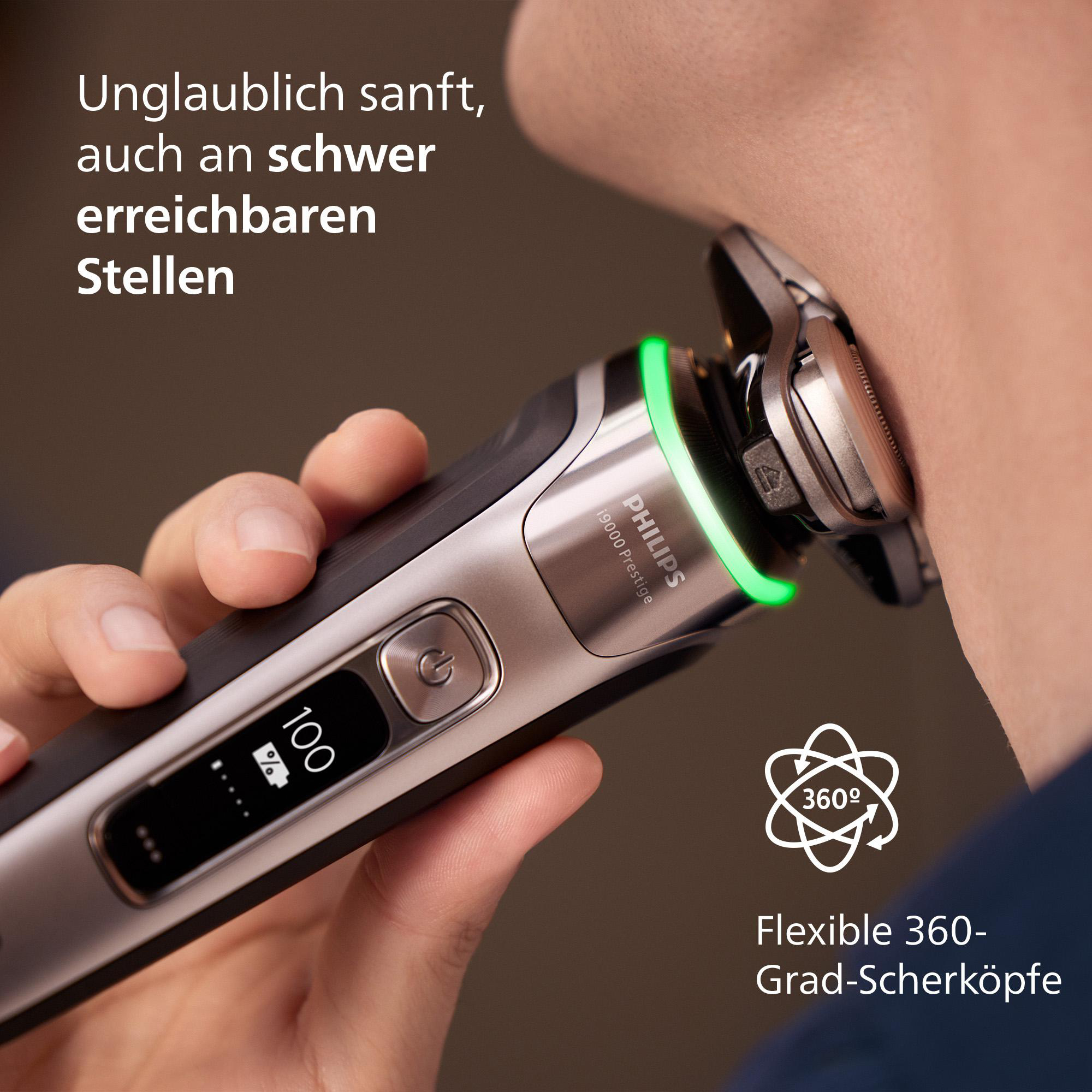 Ein Mann rasiert seinen Hals mit einem Philips Rasierer, wobei der Rasierer und das grüne Licht zu sehen sind.