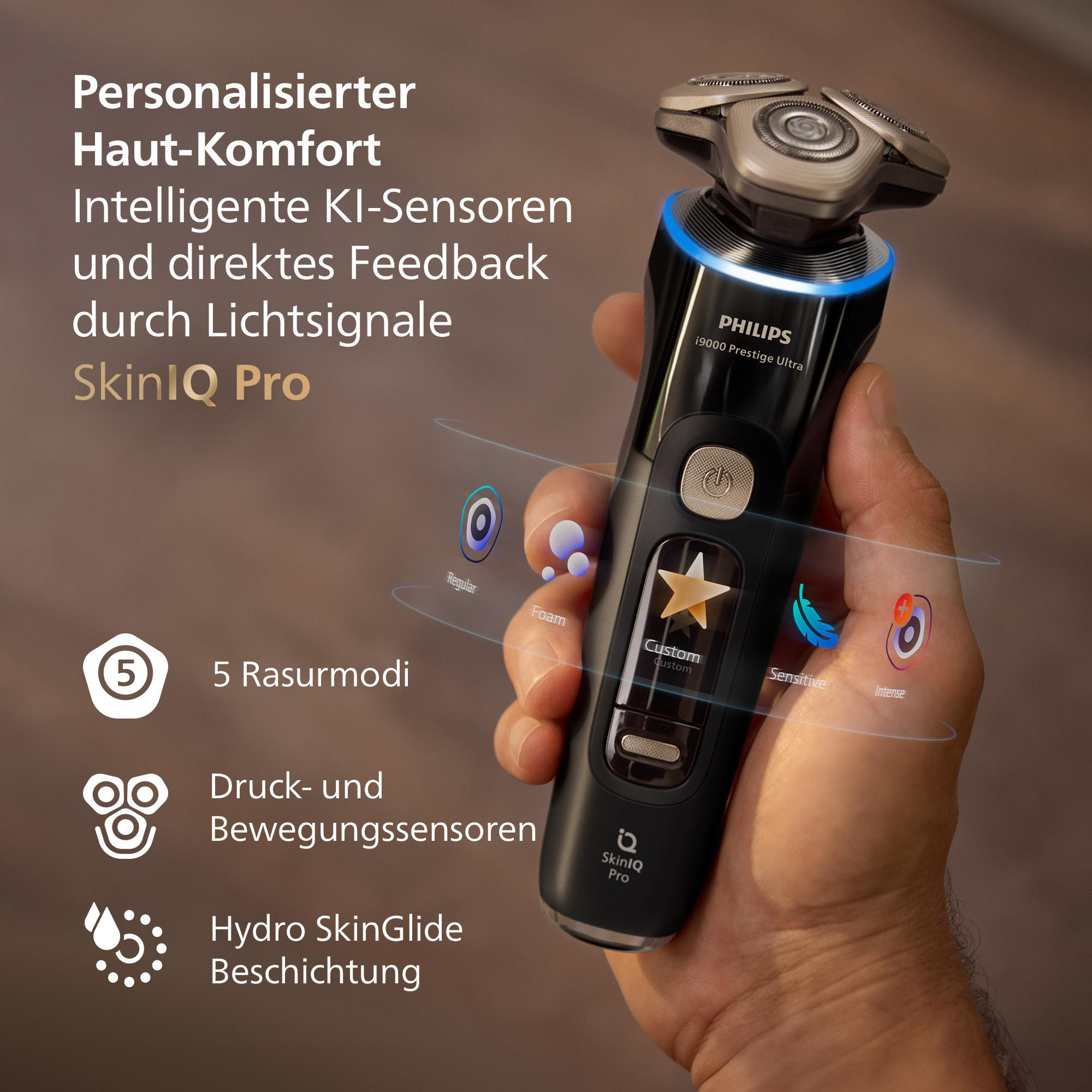 Eine Hand hält einen schwarzen und silbernen Philips Rasierer. Funktionen sind hervorgehoben.