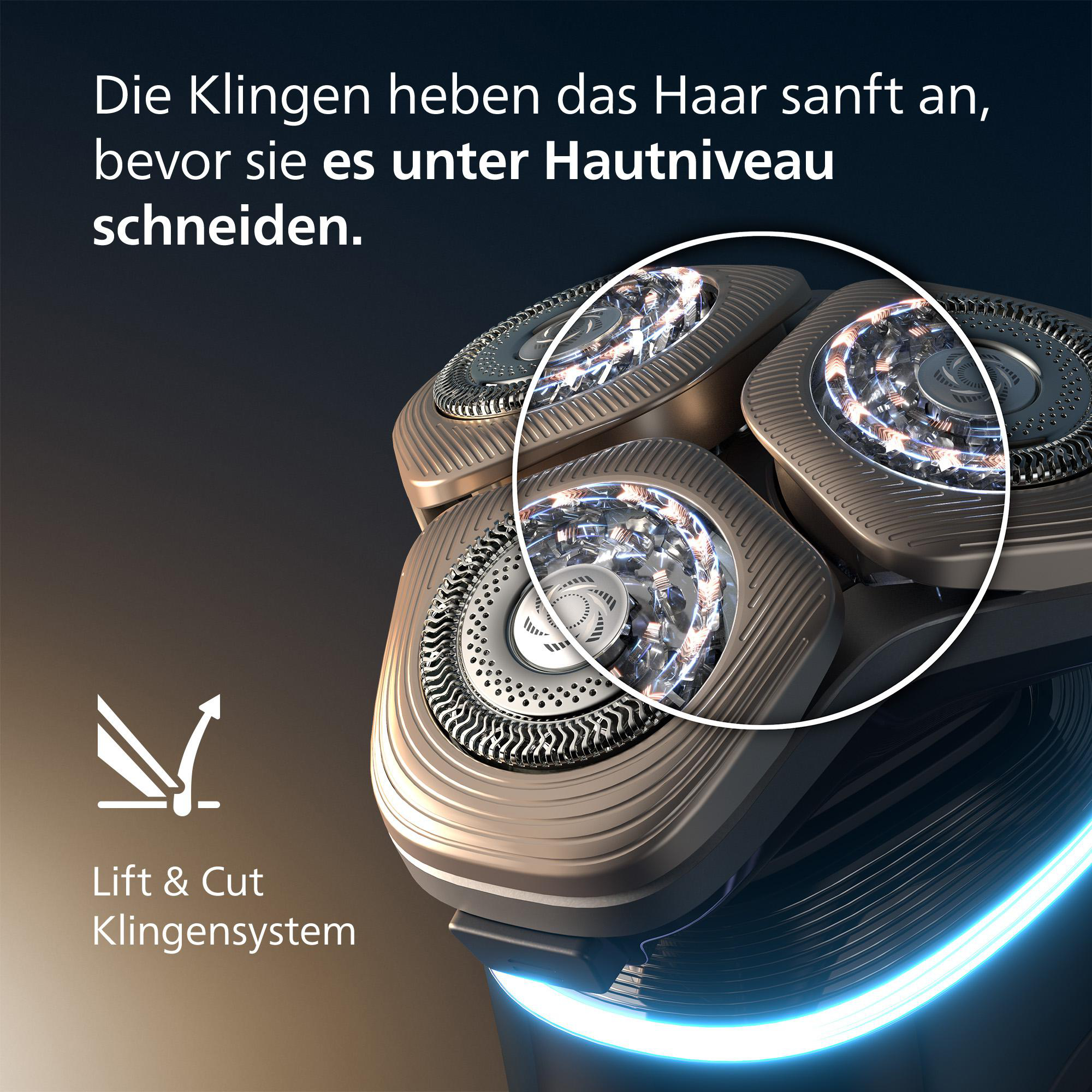 Nahaufnahme eines Rasiererkopfes mit dem Text 'Lift & Cut Klingensystem'.