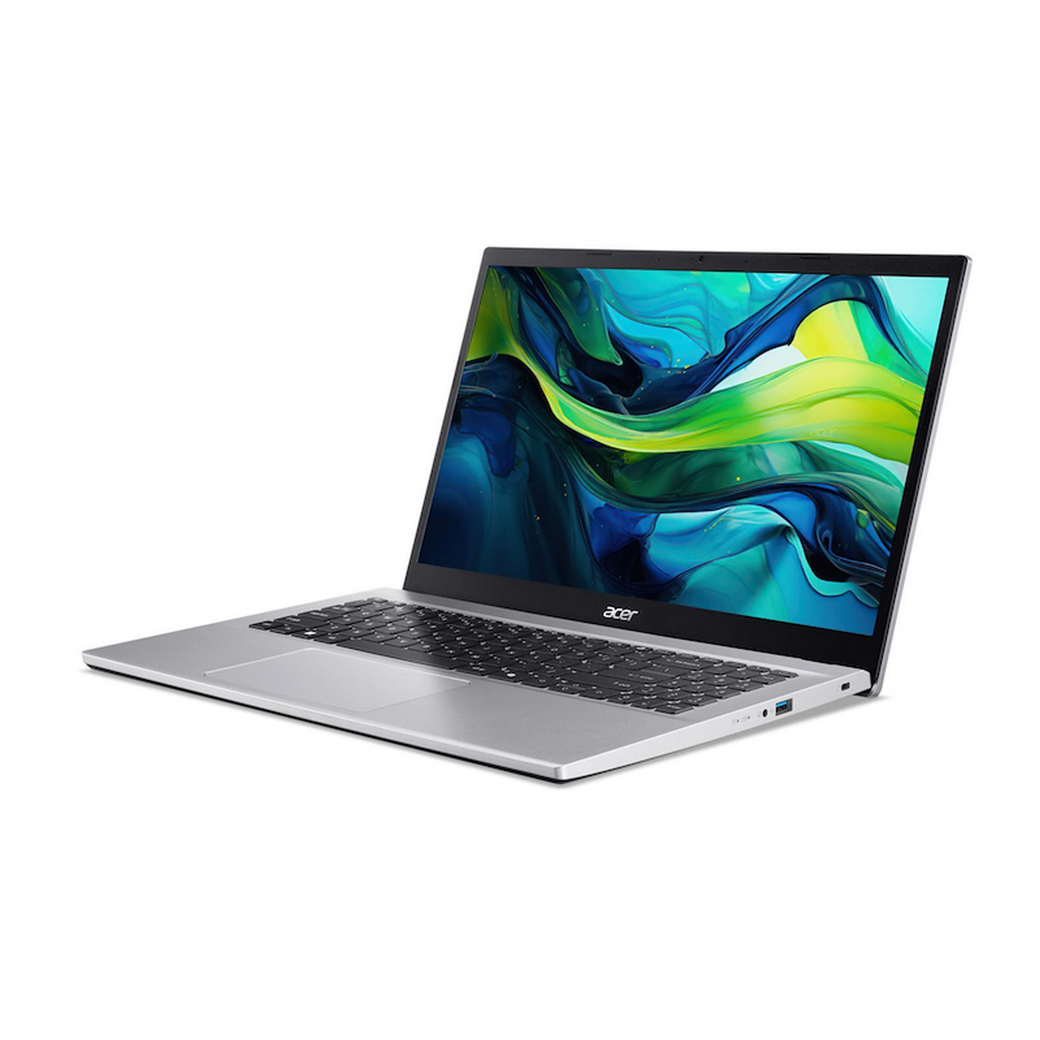 Portátil Acer plateado sobre fondo blanco. La pantalla está encendida, mostrando una interfaz colorida.