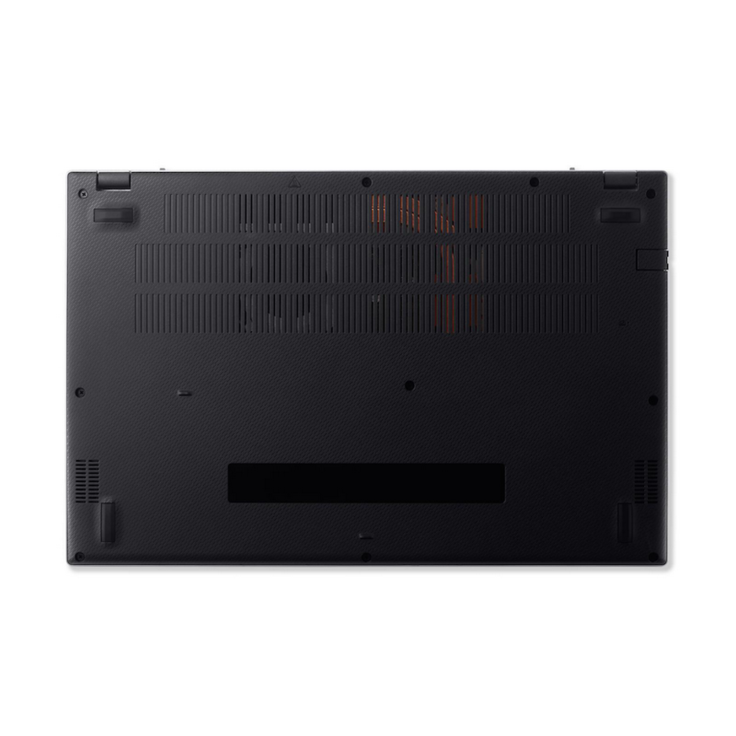Parte inferior de una laptop negra. Incluye ventilaciones, tornillos y otros componentes.