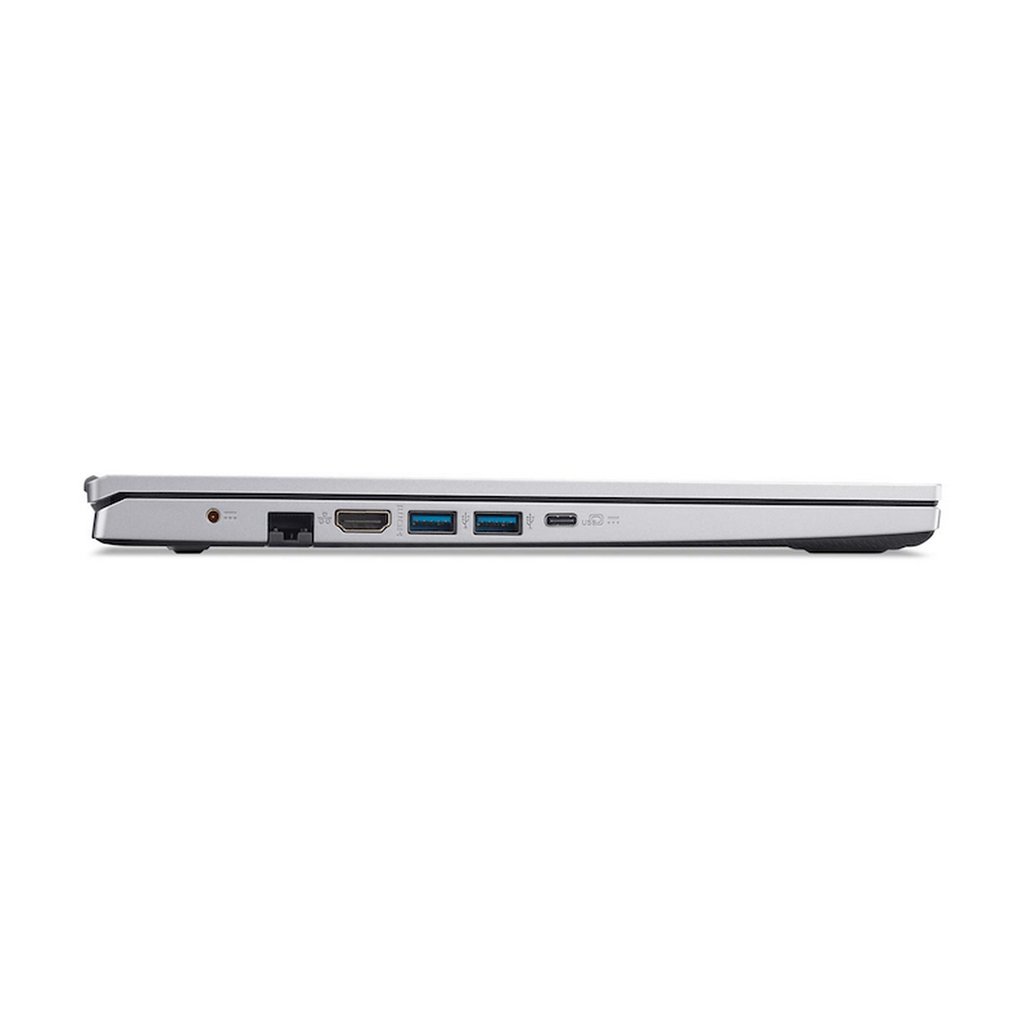 Vista lateral de un portátil plateado con puertos: Ethernet, HDMI, USB, USB-C y otros.