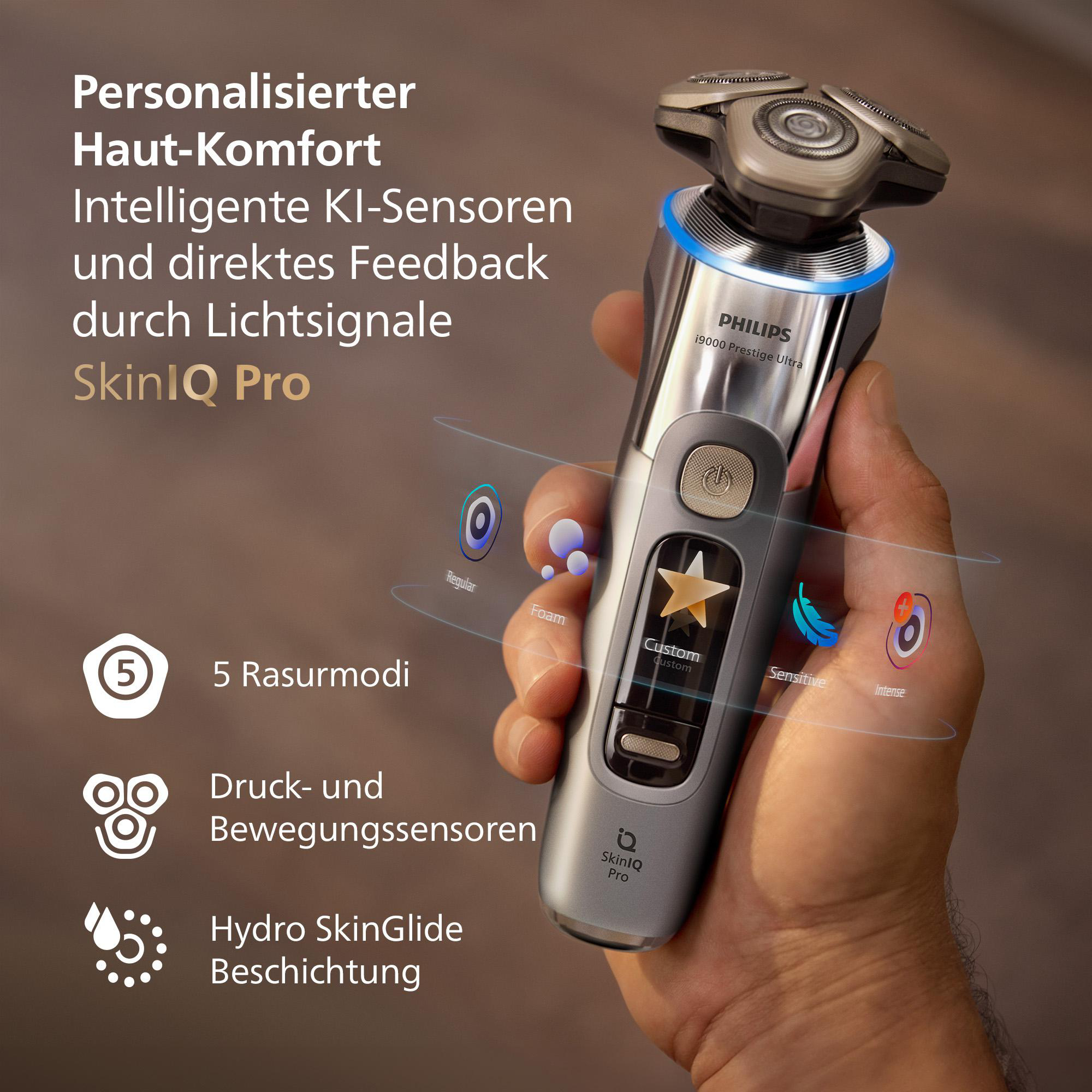 Eine Hand, die einen Philips-Rasierer hält, mit Text über das Produkt und seine Eigenschaften.