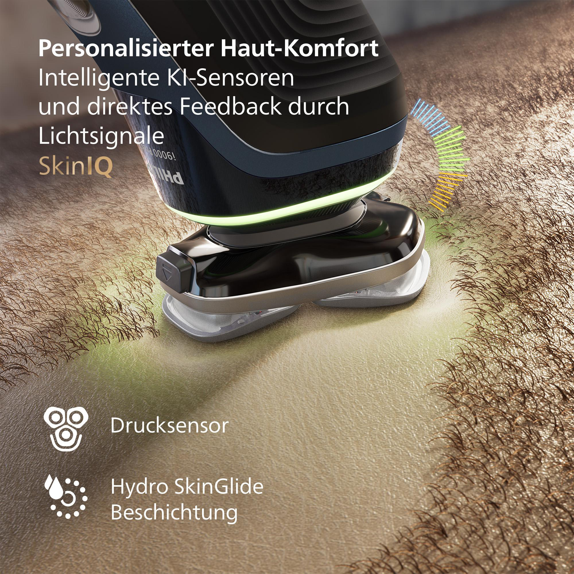 Nahaufnahme eines Rasierers in Gebrauch, mit Text über Hautkomfort und SkinIQ-Technologie.