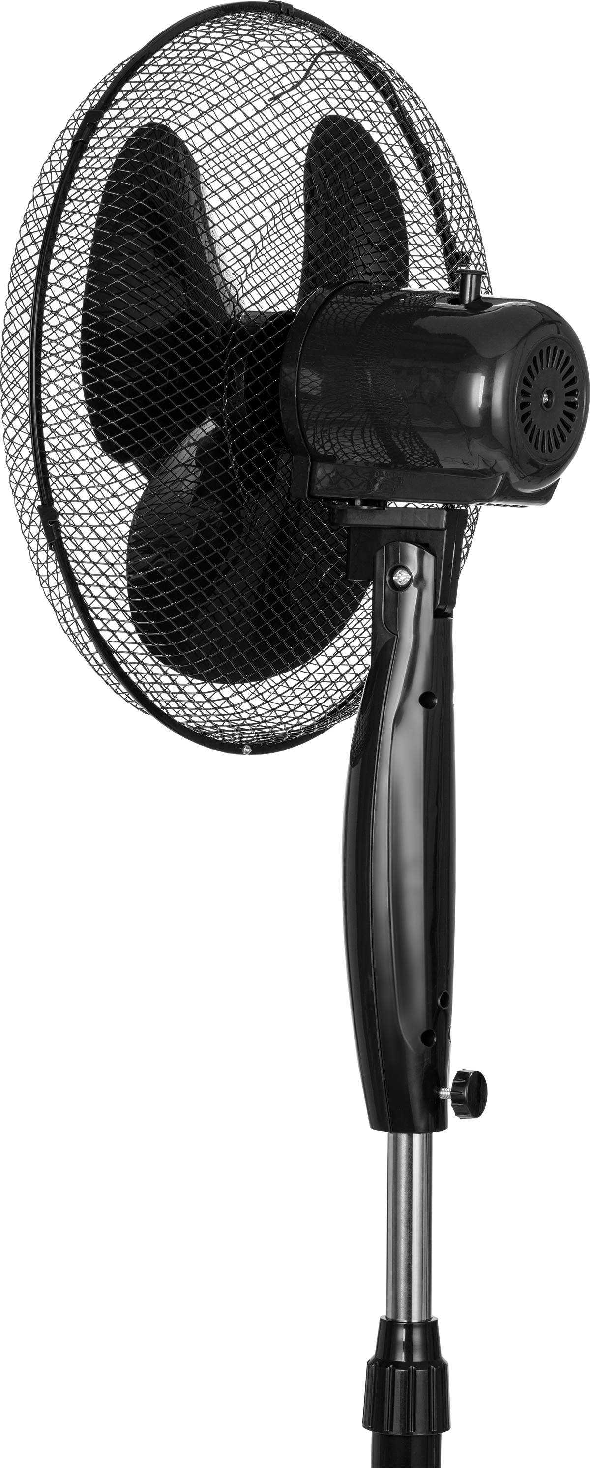 Czarny wentylator stojący z kratką ochronną i łopatkami.