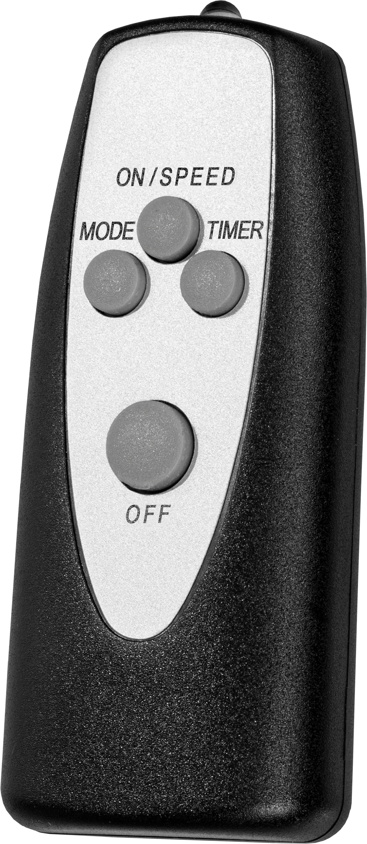 Czarny pilot z czterema szarymi przyciskami: ON/SPEED, MODE, TIMER i OFF.