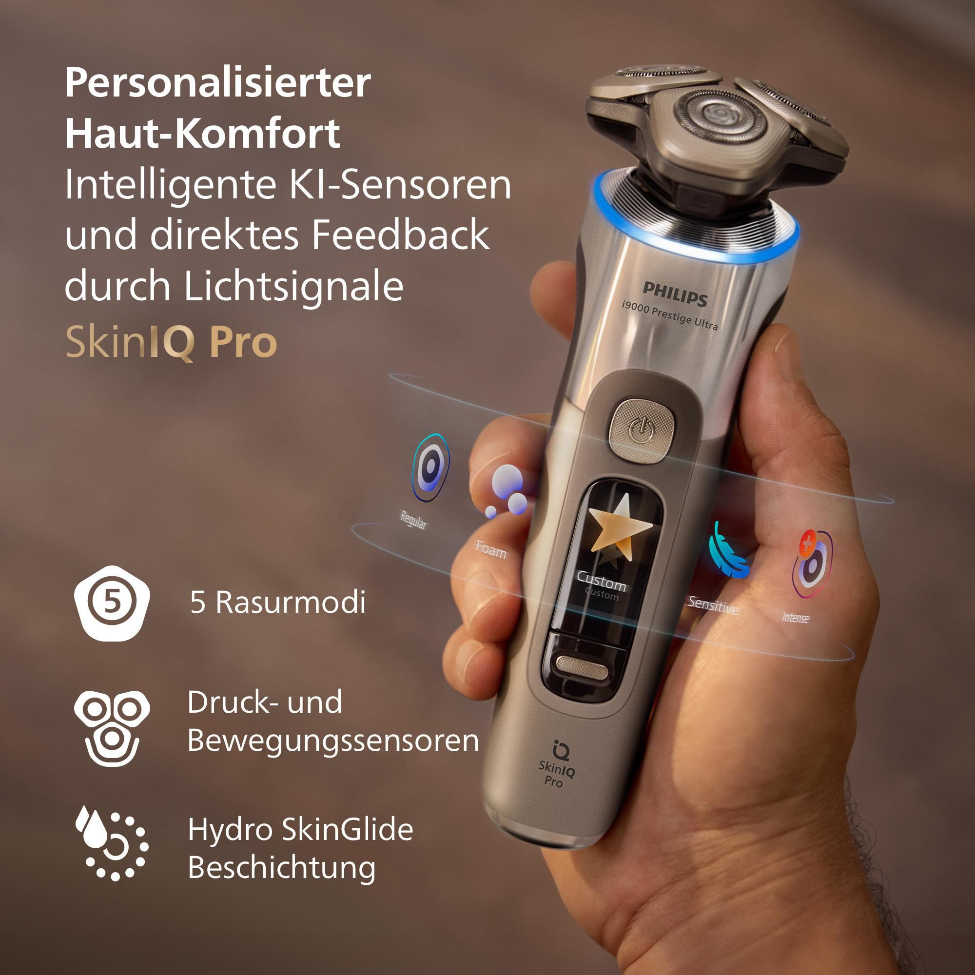 Philips Rasierer in der Hand, grau und silber, SkinIQ Pro, mit Funktionssymbolen auf dem Bildschirm.