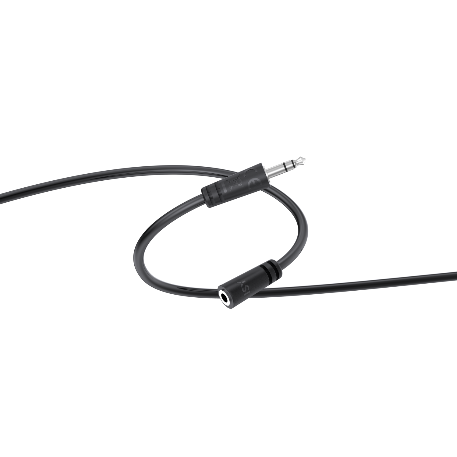 Black cable with a 3.5mm jack and a female adapter. Isolated on black background.