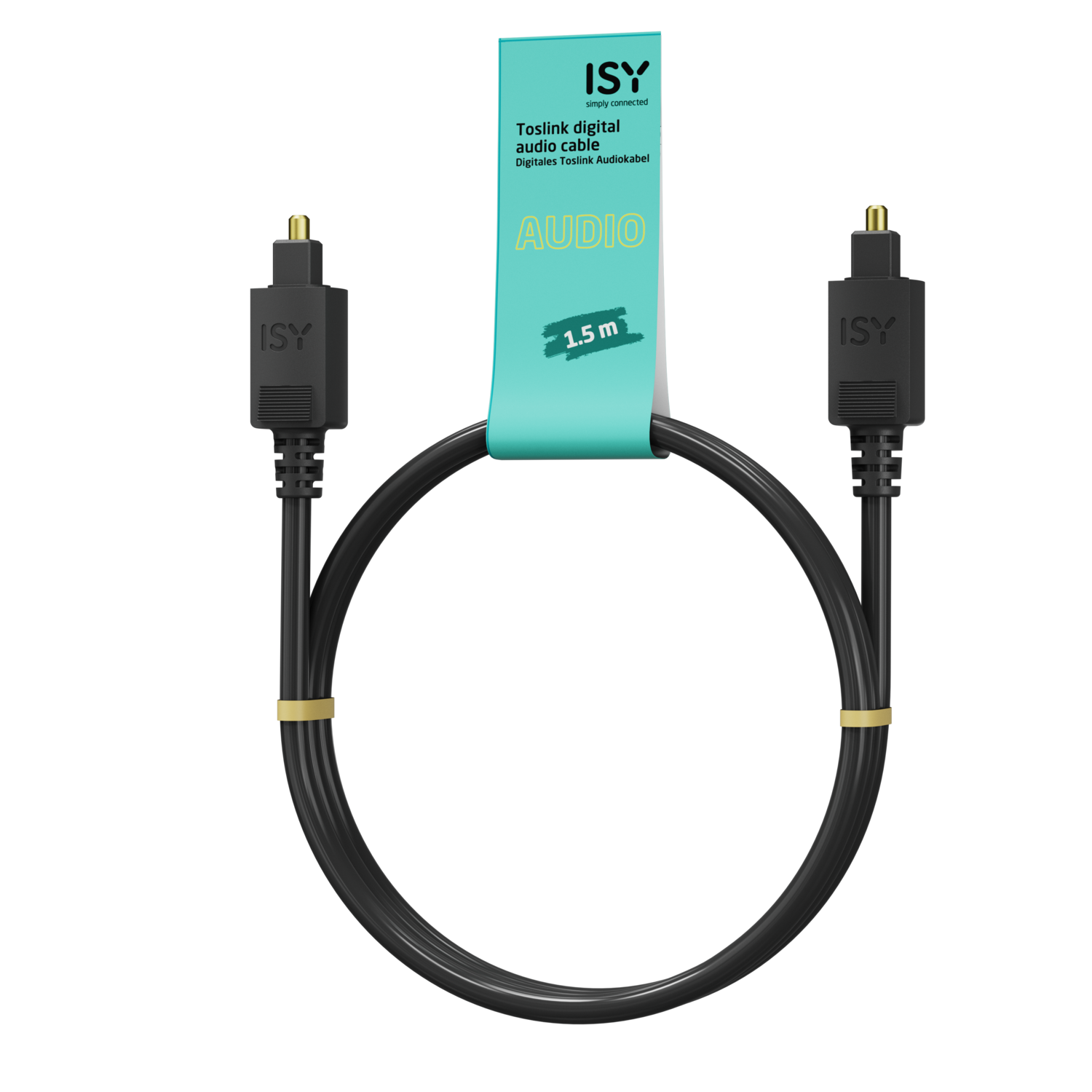Câble audio numérique Toslink noir. Le câble est courbé et a des extrémités noires avec des pointes dorées.