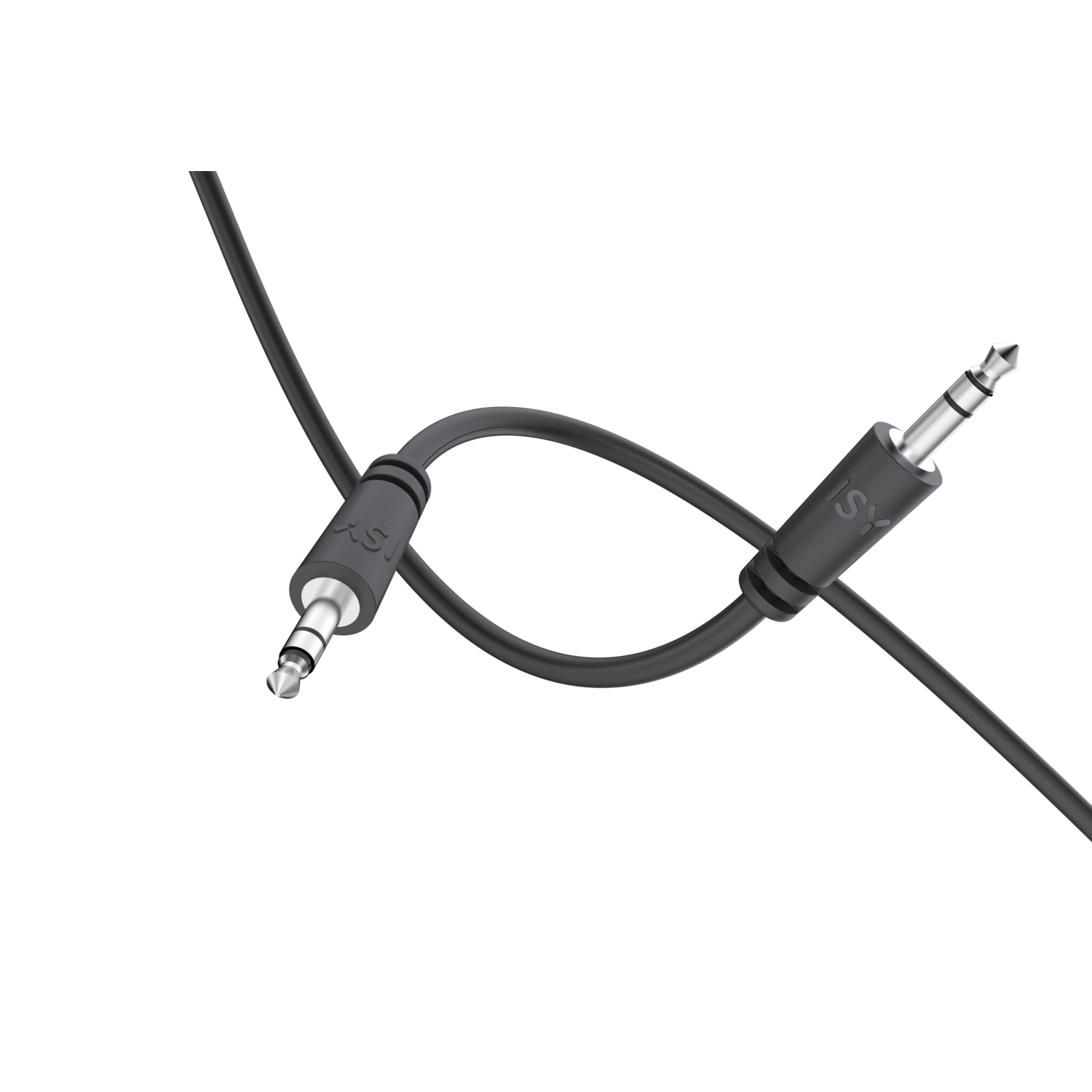 Un câble audio noir avec deux prises jack 3,5 mm, connecteurs à chaque extrémité. Le câble est enroulé.