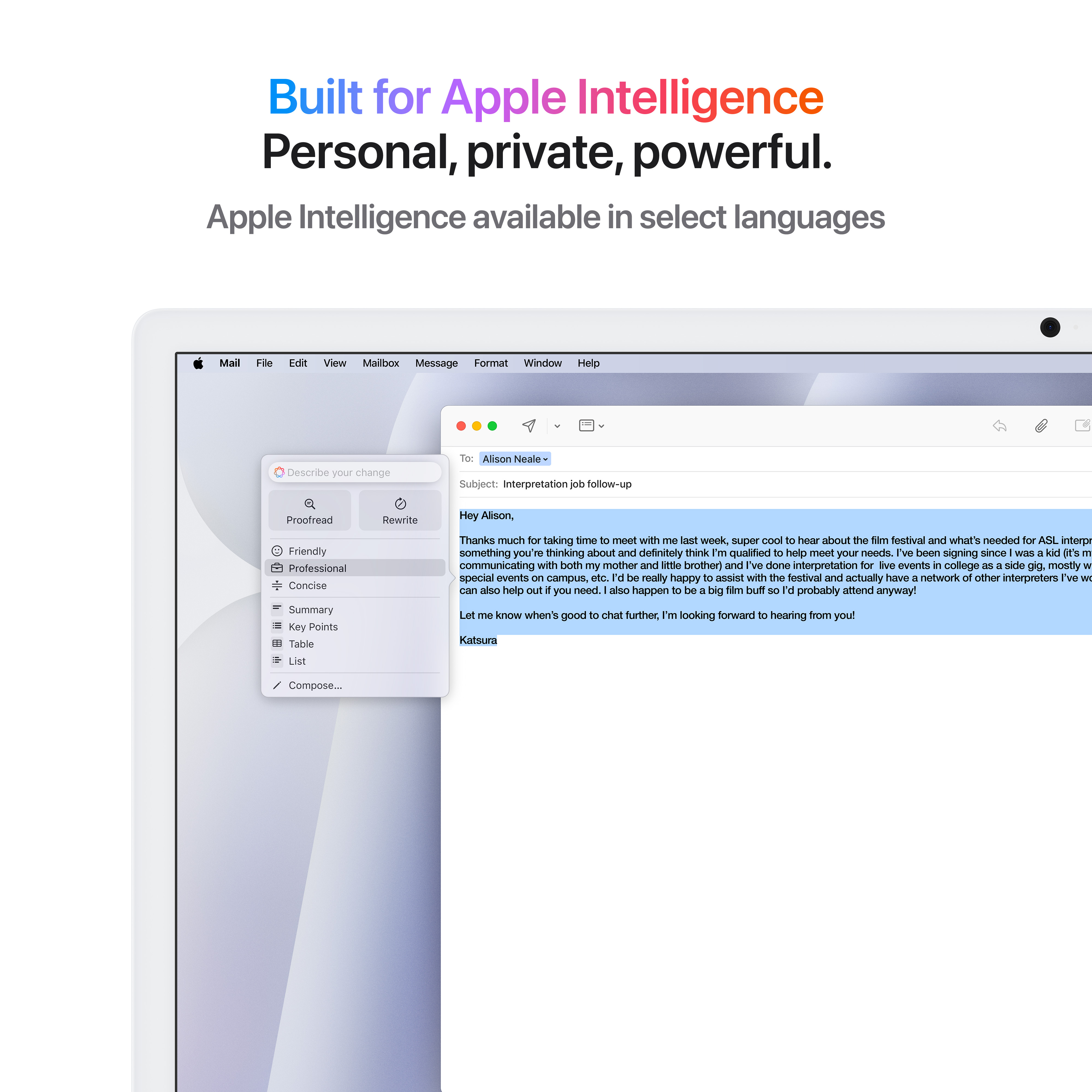Ein Laptop-Bildschirm zeigt eine E-Mail-Oberfläche. Text: Entwickelt für Apple Intelligence. Apple Intelligence ist verfügbar.