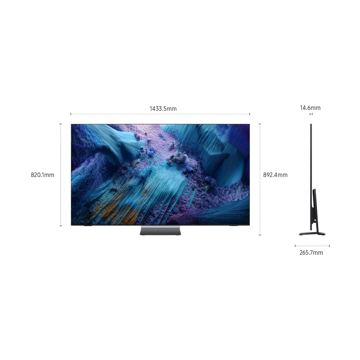 TV con dimensioni e vista laterale. Lo schermo mostra un'immagine astratta blu e viola.