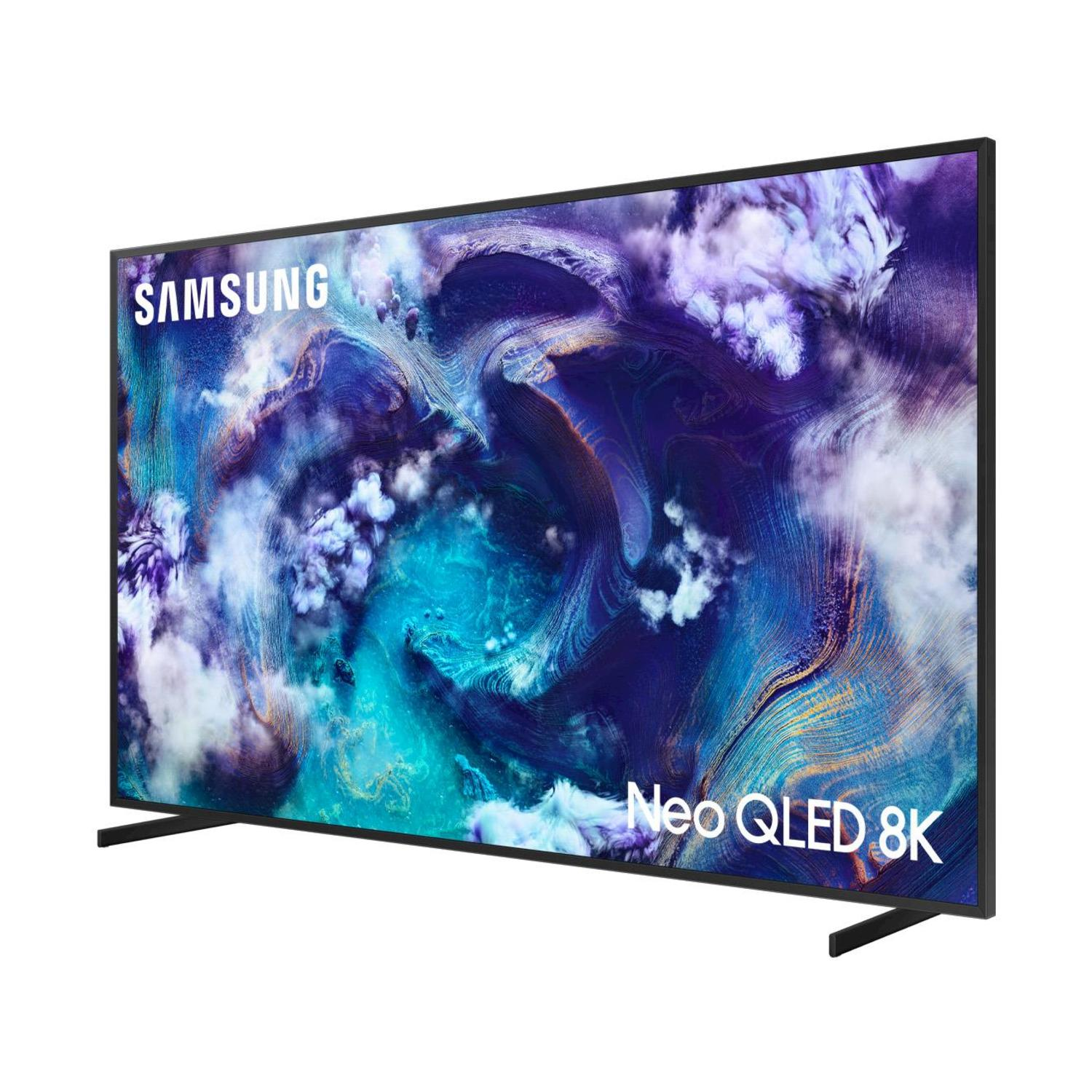 TV Samsung Neo QLED 8K con cornice nera, mostra un'immagine astratta e colorata. Supporti neri.