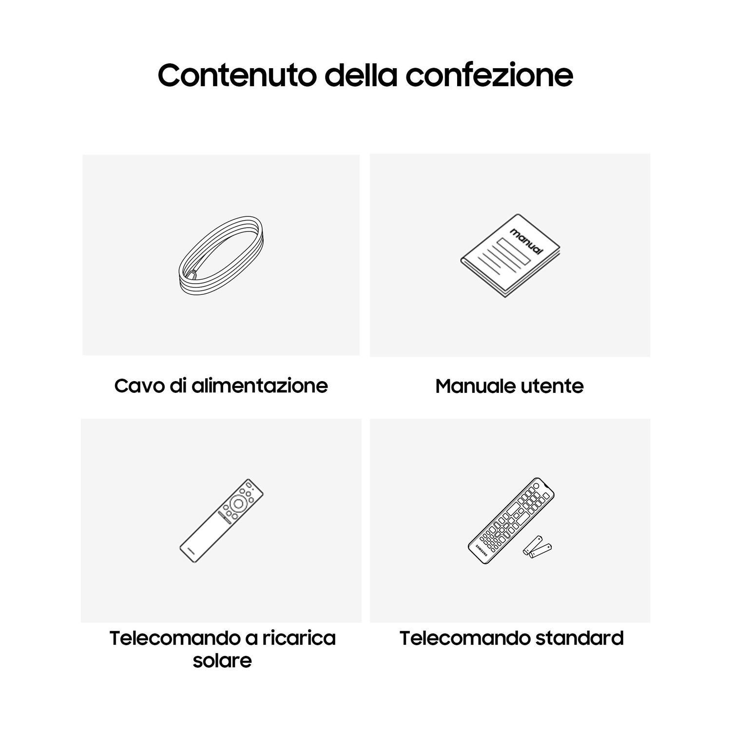 Quattro disegni di componenti del prodotto: cavo di alimentazione, manuale, telecomando, telecomando standard.