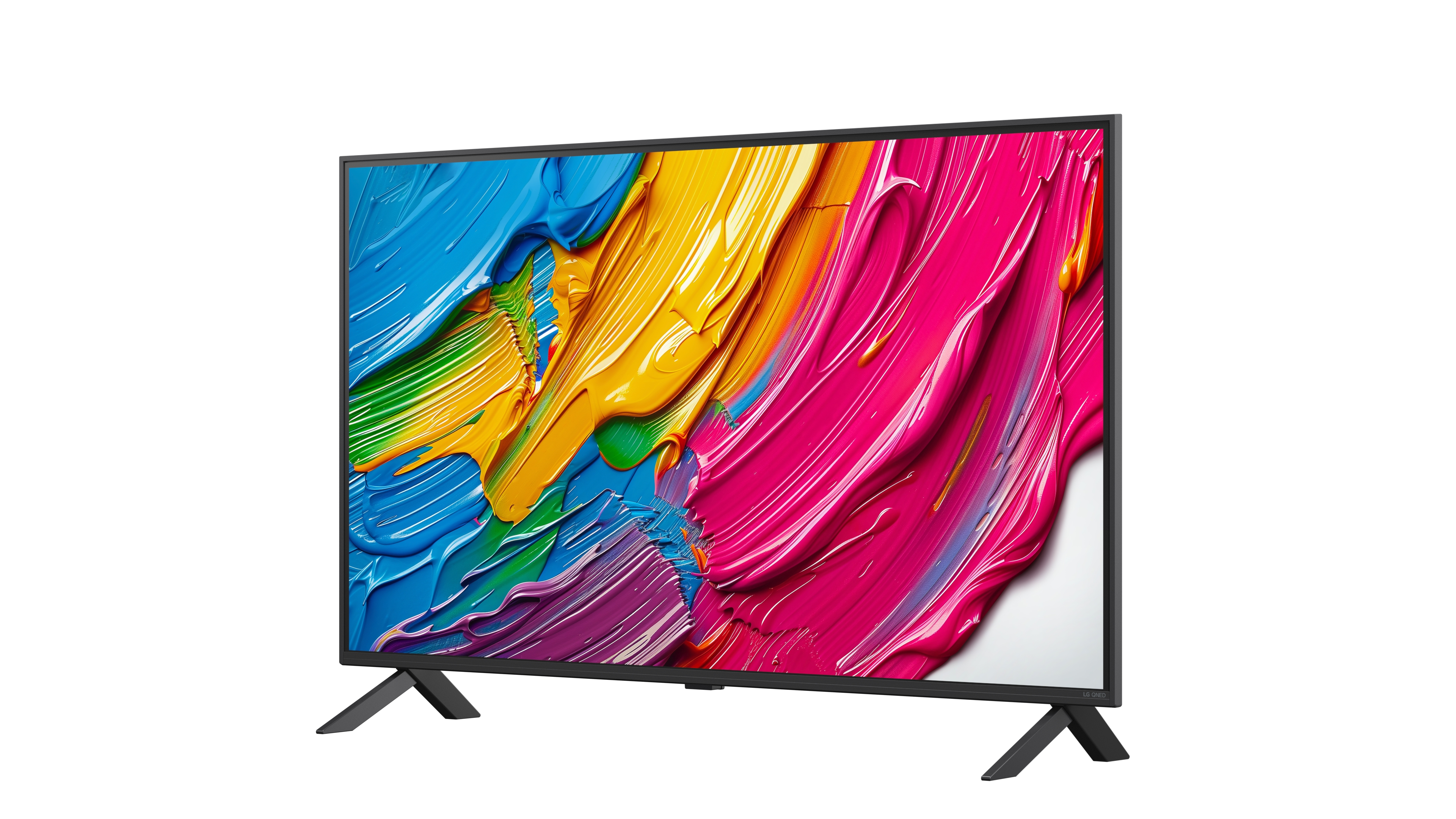 Ein Fernseher mit bunter abstrakter Kunst auf dem Bildschirm, schwarzem Rahmen und abgewinkelten Füßen.