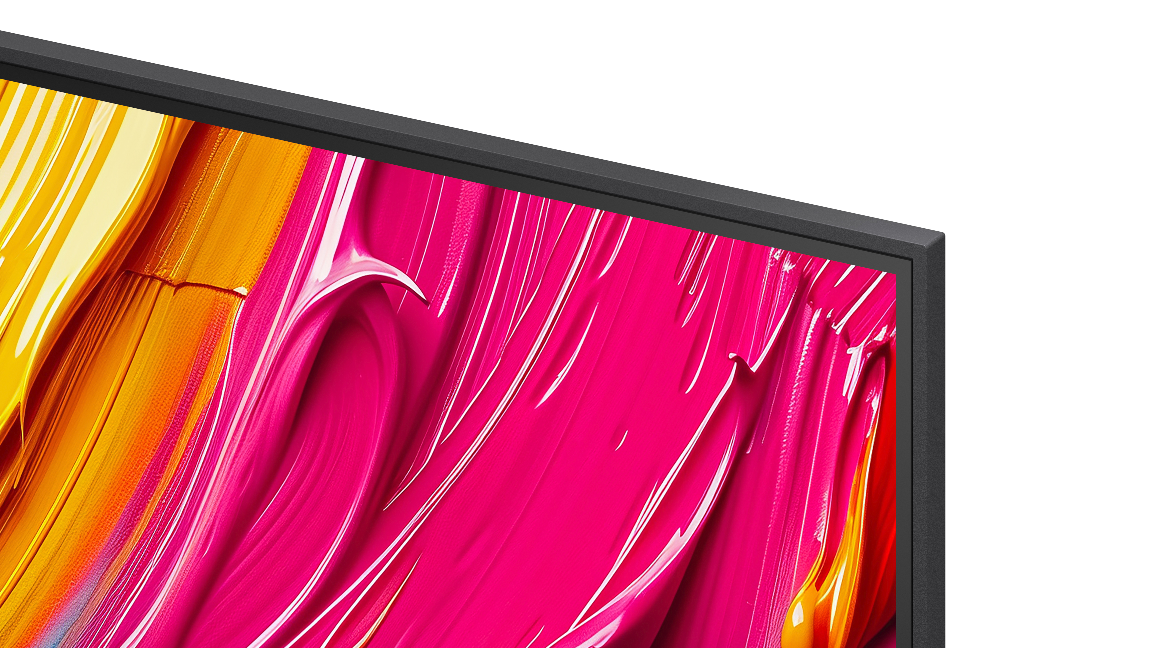 Nahaufnahme einer TV-Ecke. Der Bildschirm zeigt rosa, gelbe und rote Farben.