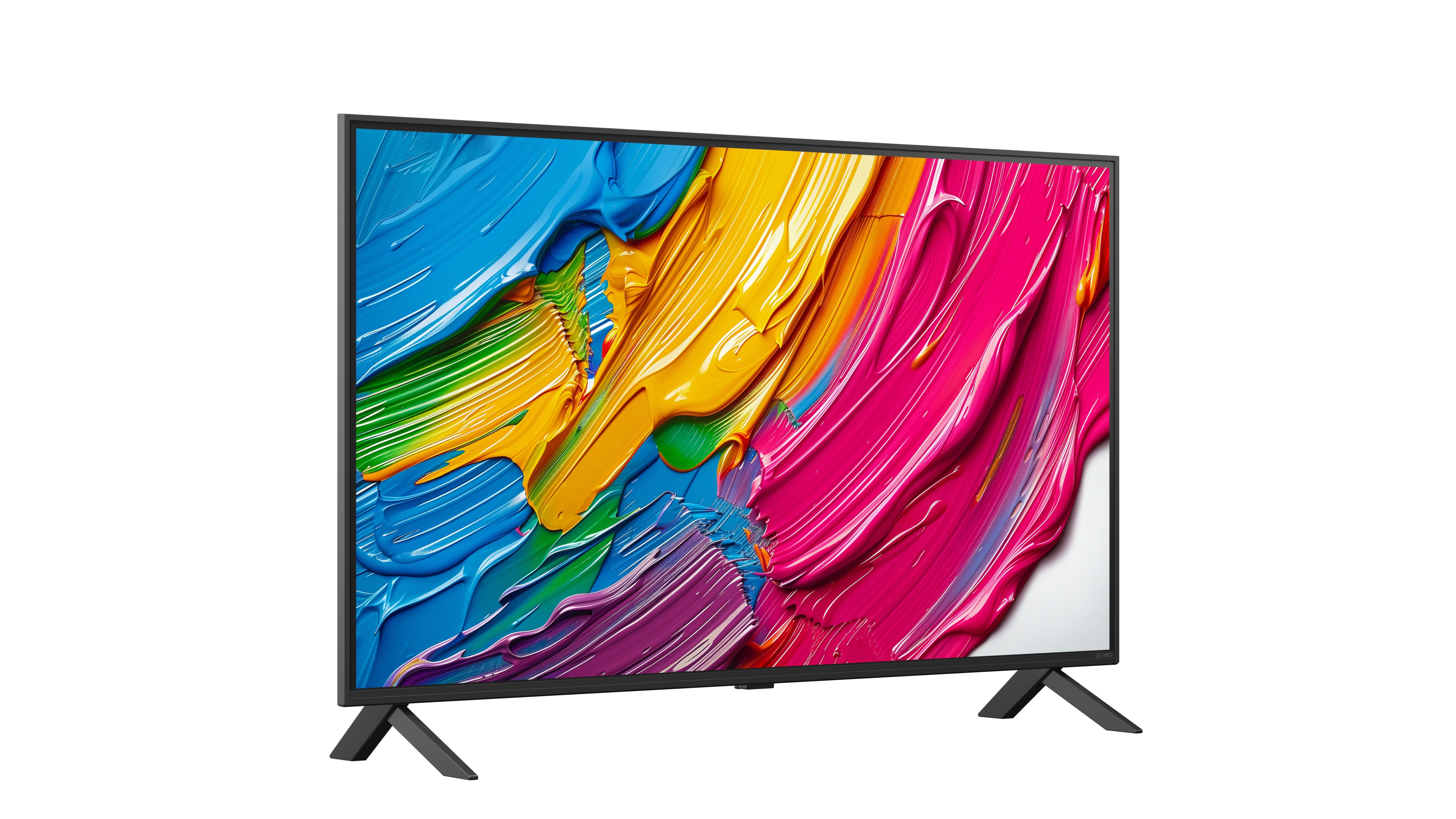 Fernseher mit farbenfroher abstrakter Kunst, mit einem schwarzen Ständer.