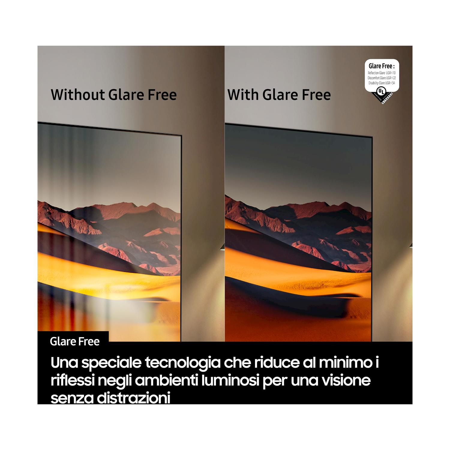 Uno schermo TV mostra il testo "Without Glare Free" e "With Glare Free", evidenziando la differenza.