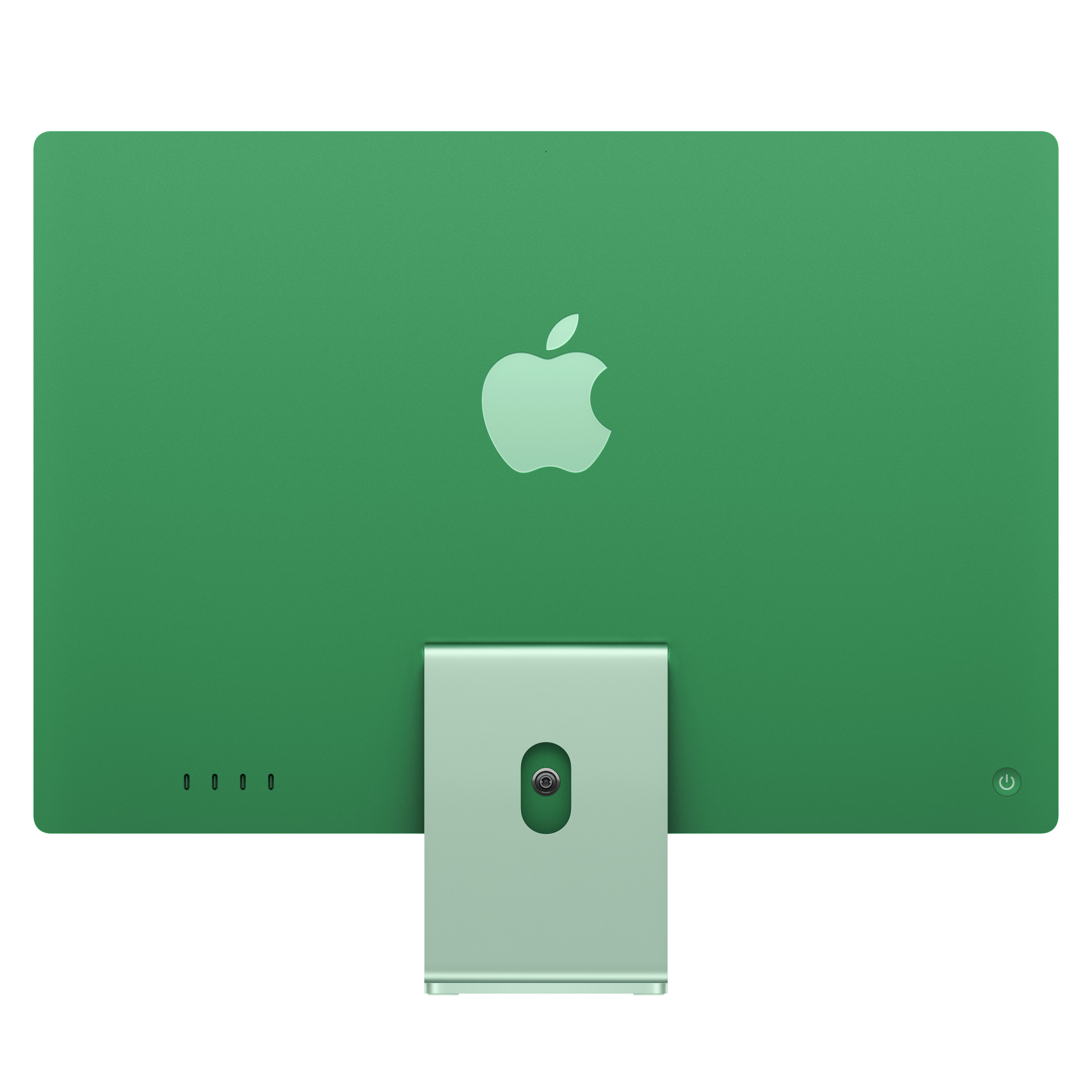 Rückansicht eines grünen iMac-Computers mit Ständer und Anschlüssen vor weißem Hintergrund.