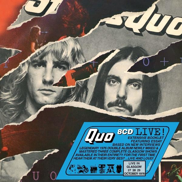Quo Albumcover. Zwei Gesichter von Männern. Zerrissener Papiereffekt mit blau-weißem Banner.
