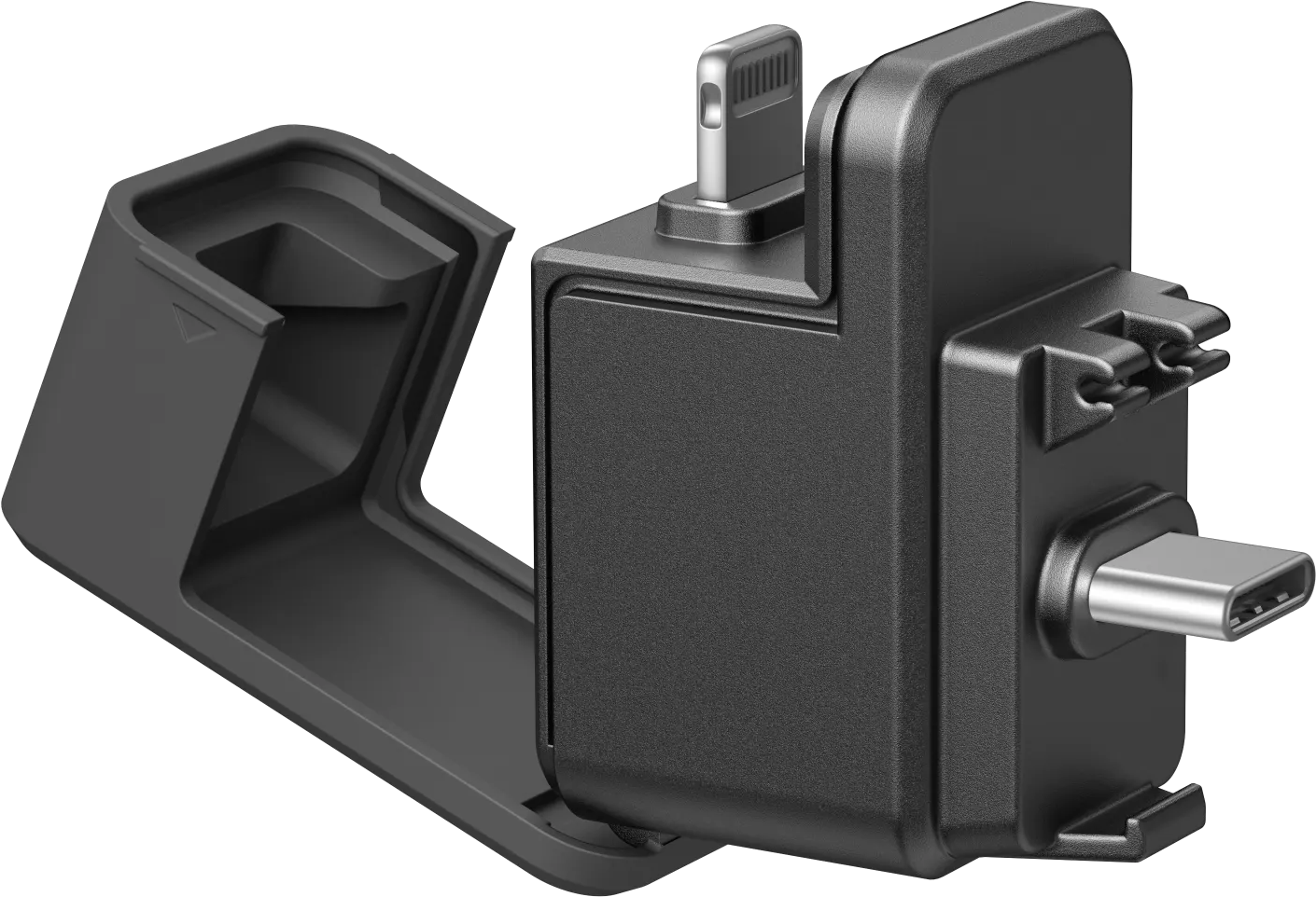 Ein schwarzer Adapter mit Lightning- und USB-C-Anschlüssen, offenes Gehäuse. Der Adapter ist für den Anschluss verschiedener Geräte konzipiert.