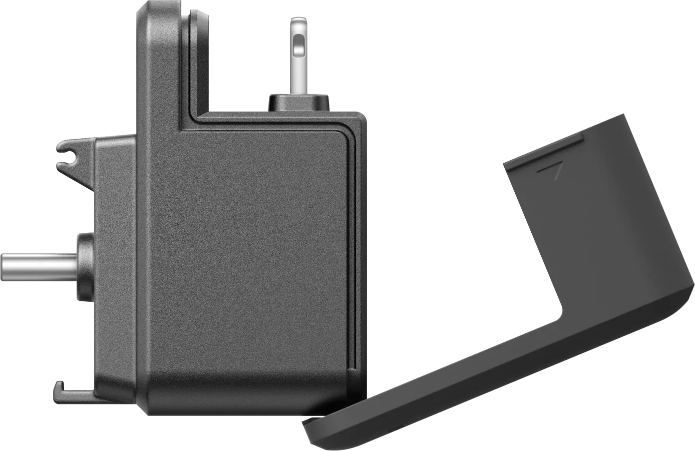 Ein dunkelgraues Gerät mit einem aufklappbaren Deckel ist geöffnet. Es hat mehrere zylindrische Metallpfosten und ein hakenförmiges Element.
