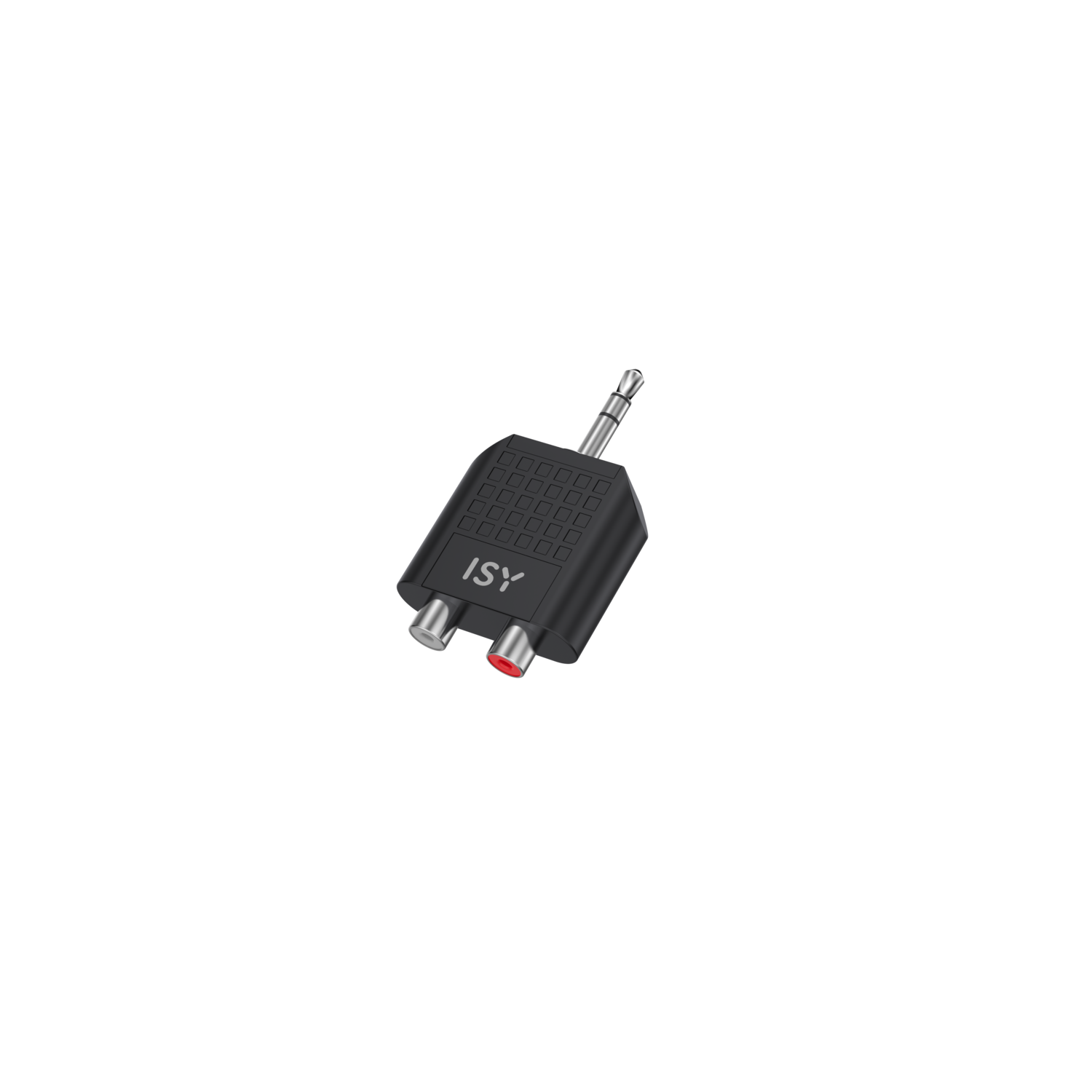 Adaptateur audio noir avec deux connecteurs RCA et une prise jack 3,5 mm.