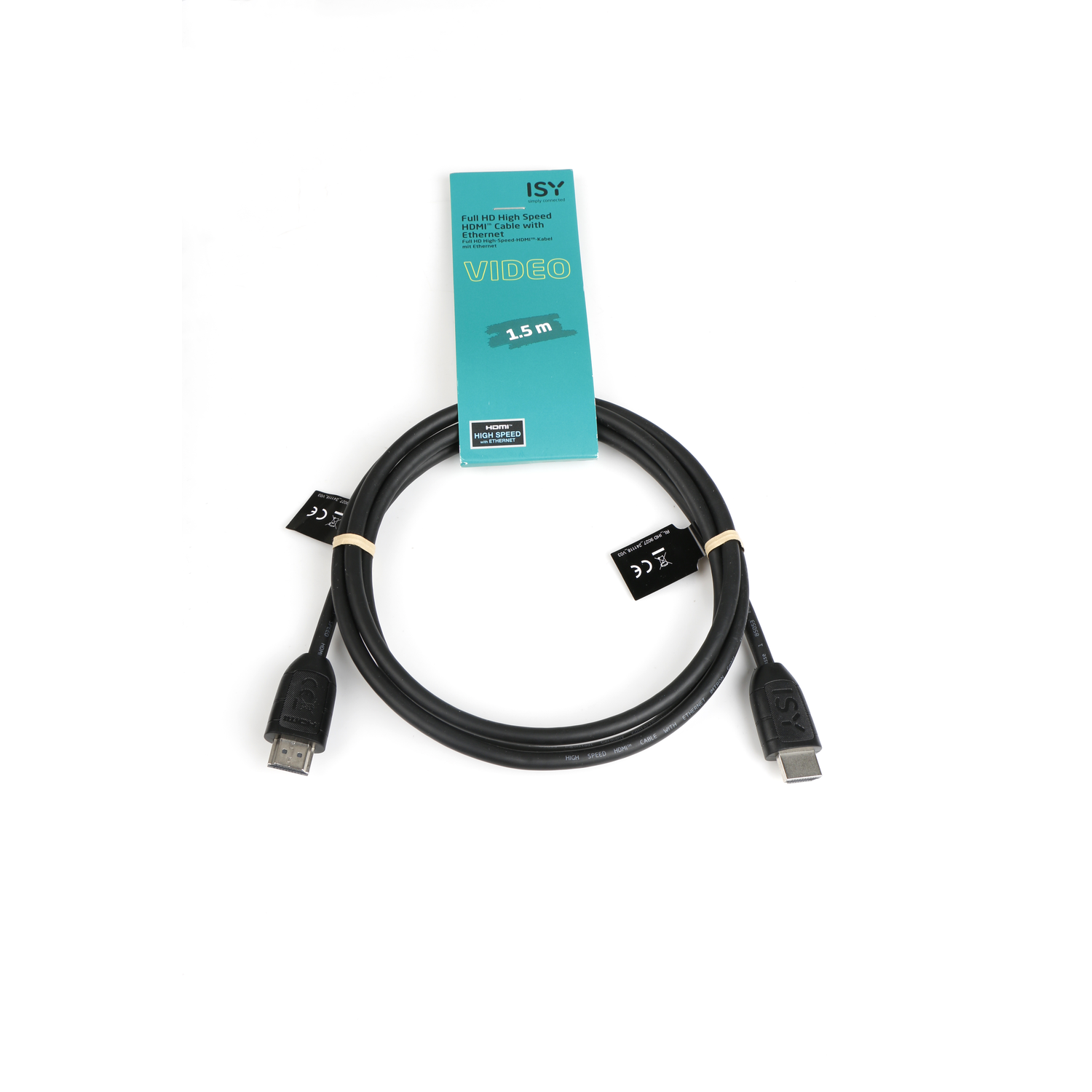 Black HDMI cable with a blue label attached. The label says 'VIDEO' and '1.5 m'.