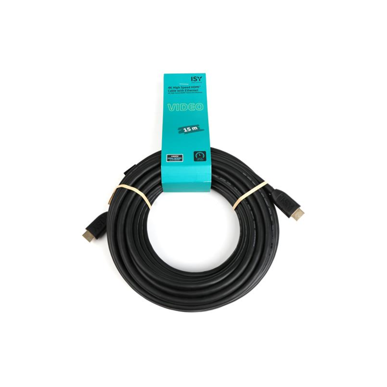 Black HDMI cable coiled, with a green tag. White background.