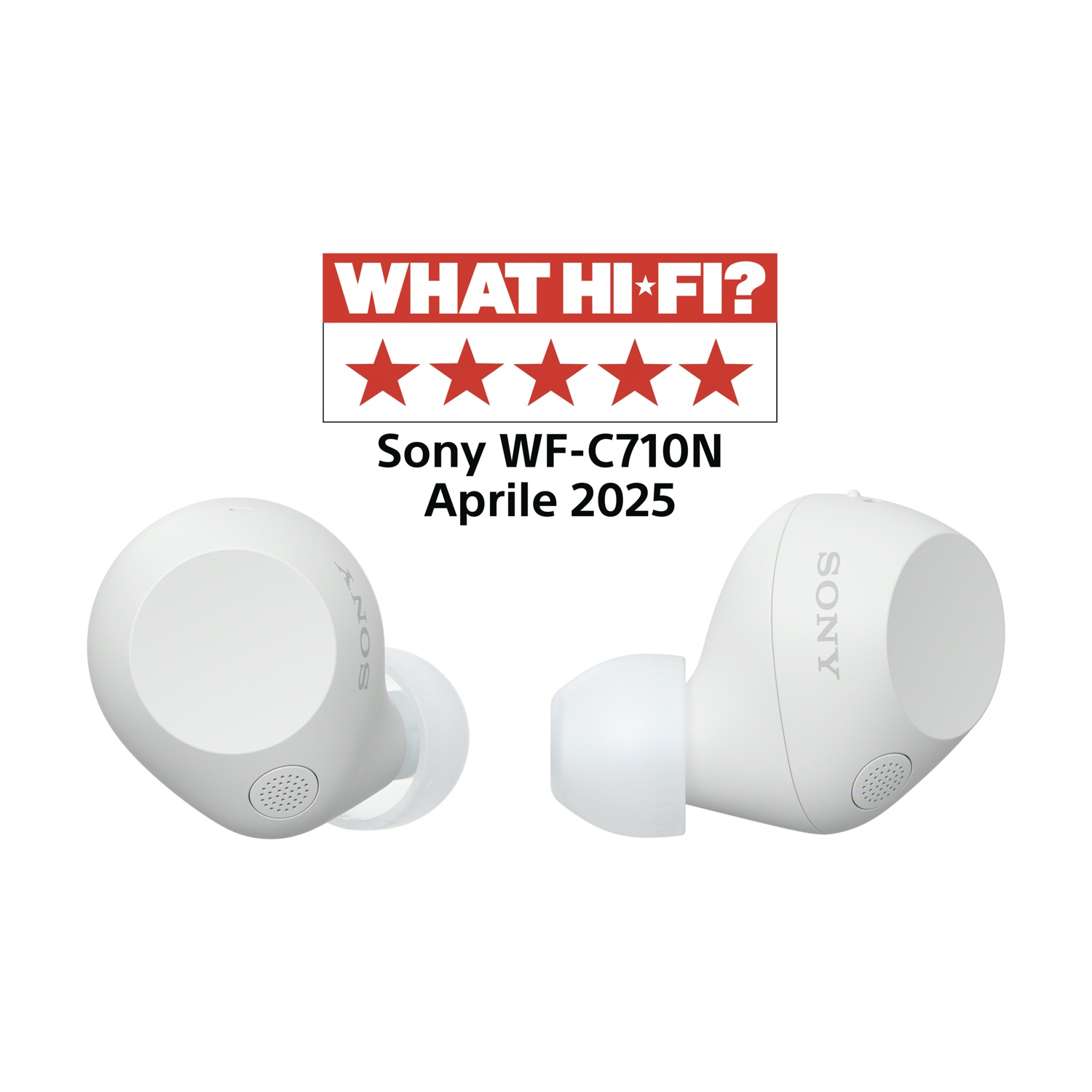 Auricolari Sony WF-C710N bianche con recensione What Hi-Fi? e valutazione a 5 stelle. Sfondo bianco.