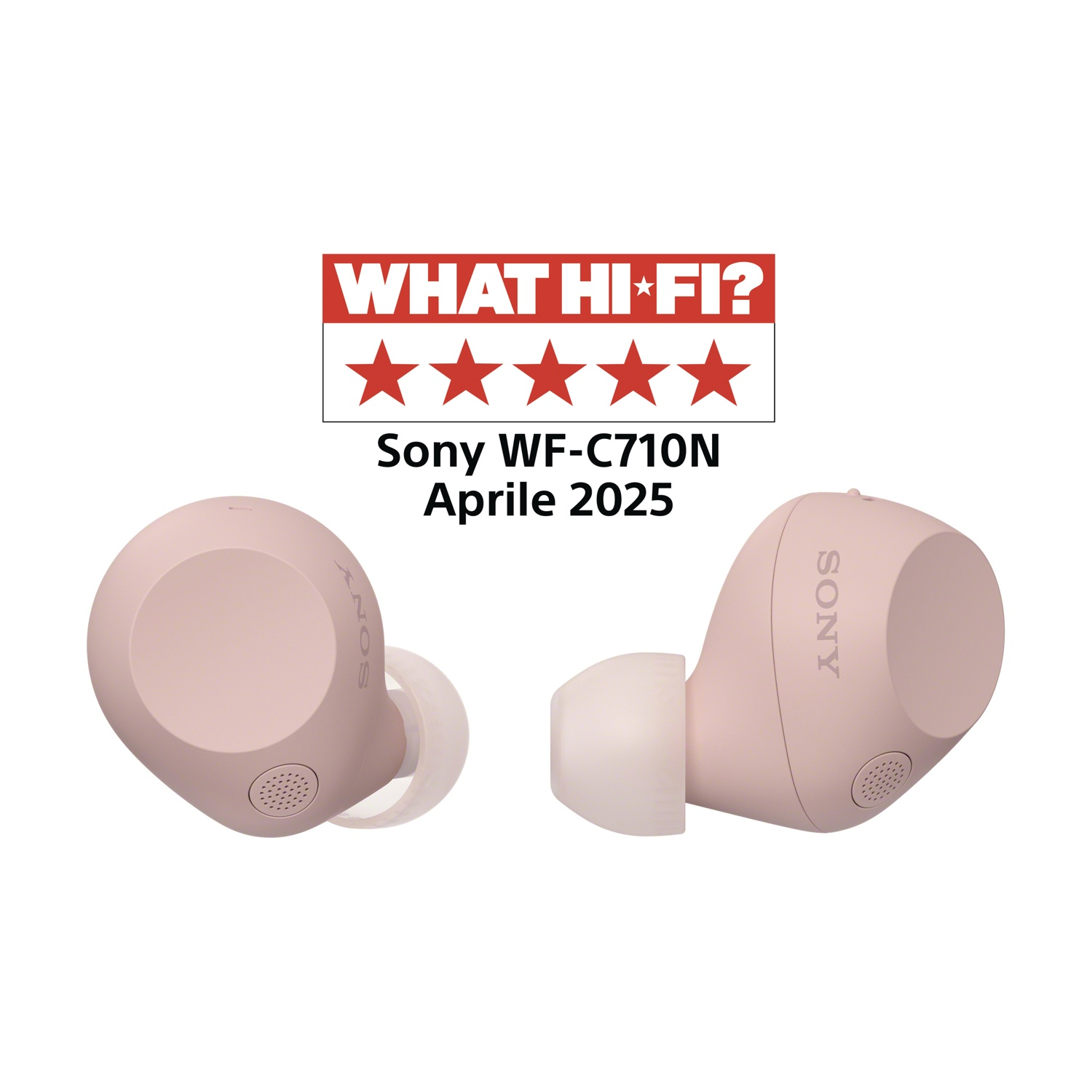 Due auricolari rosa su sfondo bianco e un logo What Hi-Fi? con stelle.