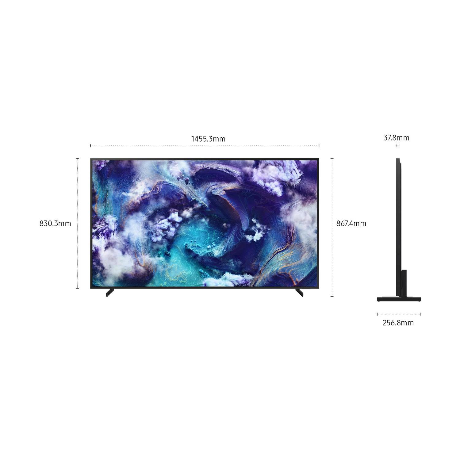 Uno schermo TV che mostra un'immagine astratta colorata, con dimensioni etichettate su sfondo bianco.