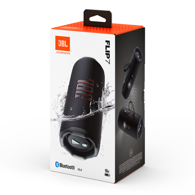 Caja de altavoz JBL Flip 7 con un altavoz negro y efecto de salpicaduras de agua.