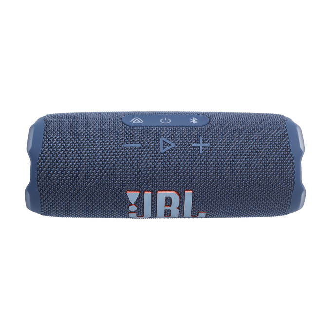 Un altavoz JBL azul con botones de control y el logotipo JBL en rojo.
