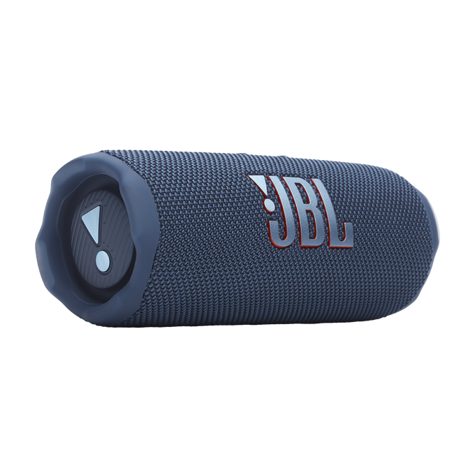 Un altavoz JBL azul oscuro con el logotipo de JBL y el panel de control.