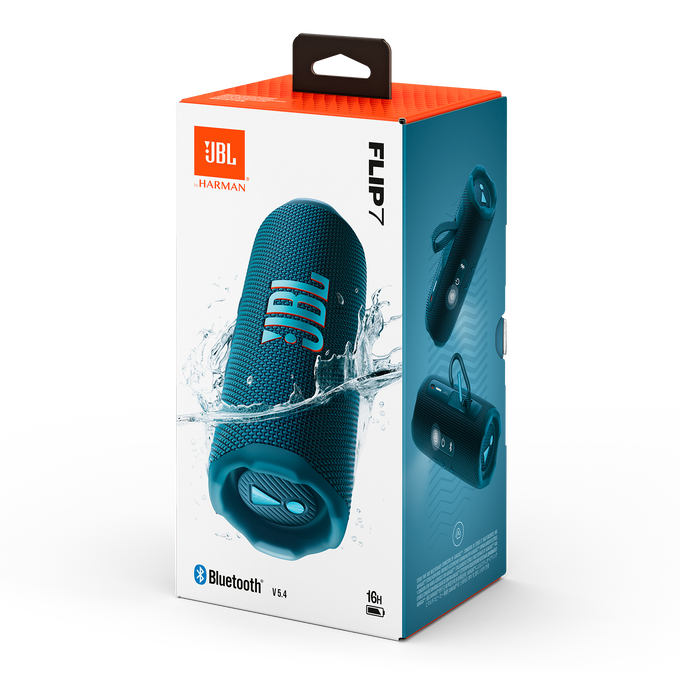 Un altavoz JBL azul turquesa en una caja, que muestra diferentes ángulos.