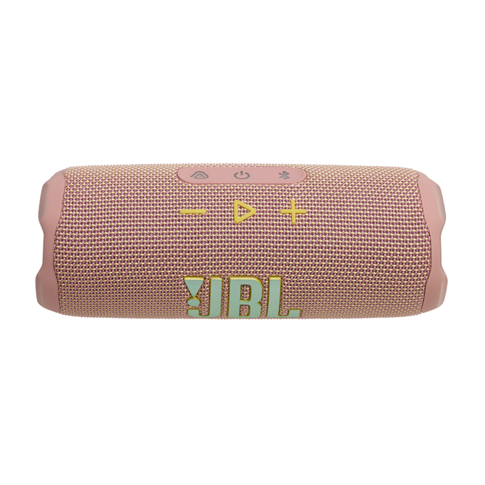 Un altavoz JBL rosa, forma cilíndrica, botones en la parte superior, con el logotipo de JBL visible.