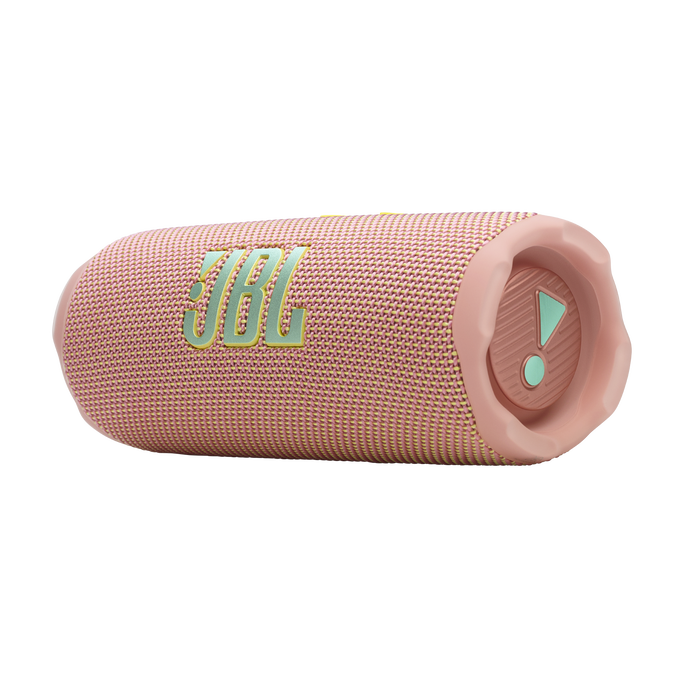 Altavoz JBL rosa, horizontal. Tiene el logotipo de JBL y controles en los laterales.