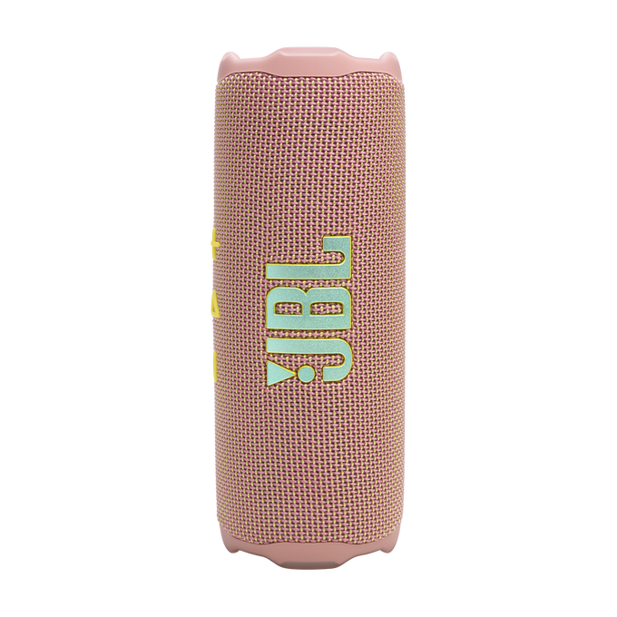 Un altavoz JBL. Cuerpo rosa con el logo JBL verde y agujeros.