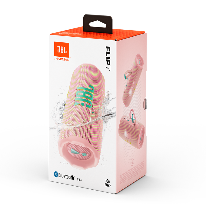 Un altavoz JBL Flip 7 rosa dentro de su caja. La caja tiene la imagen del altavoz.