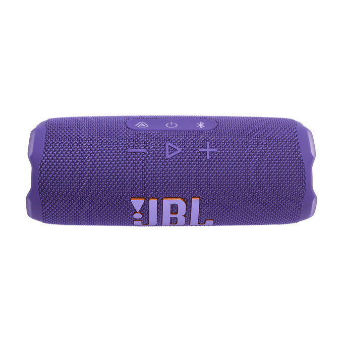 Altavoz JBL morado. Botones en la parte superior. Logotipo de JBL. Fondo negro.