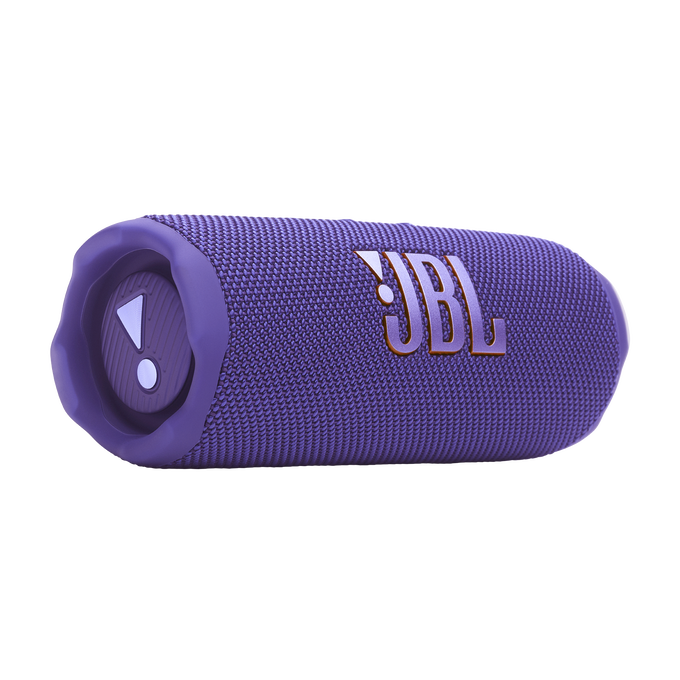 Un altavoz JBL morado, forma cilíndrica, con logotipo y botones.