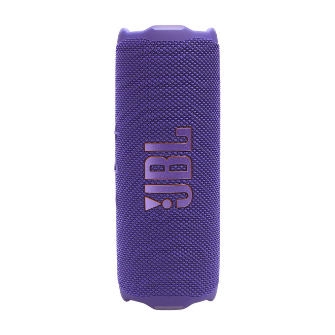 Altavoz morado JBL Flip 7, forma cilíndrica, logotipo JBL en naranja.