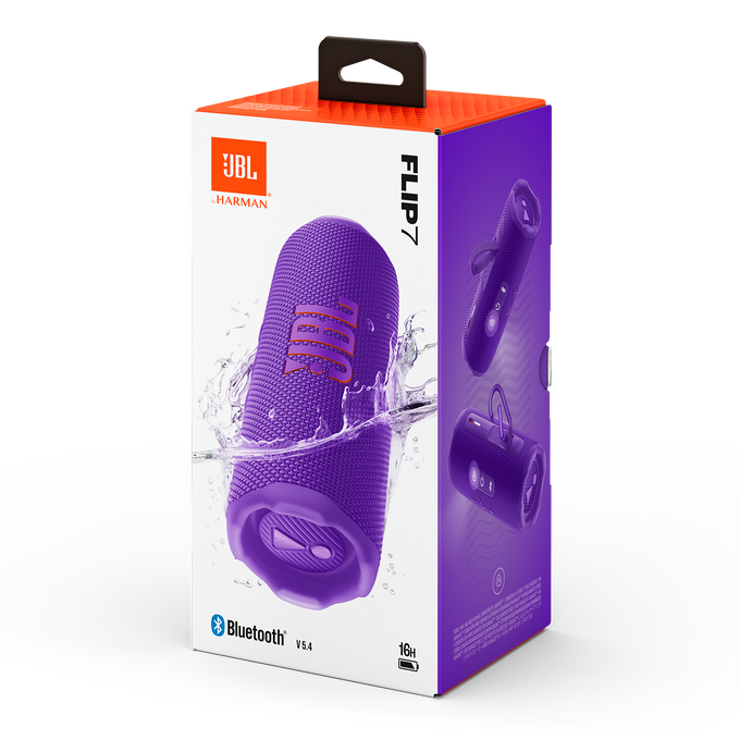 Un altavoz JBL Flip 7 morado en su caja. La caja muestra imágenes del altavoz y el logotipo de Bluetooth.